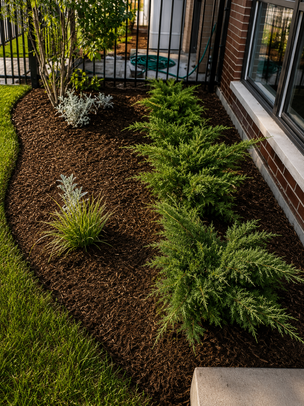 Front yard landscaping with fresh mulch and shrubs