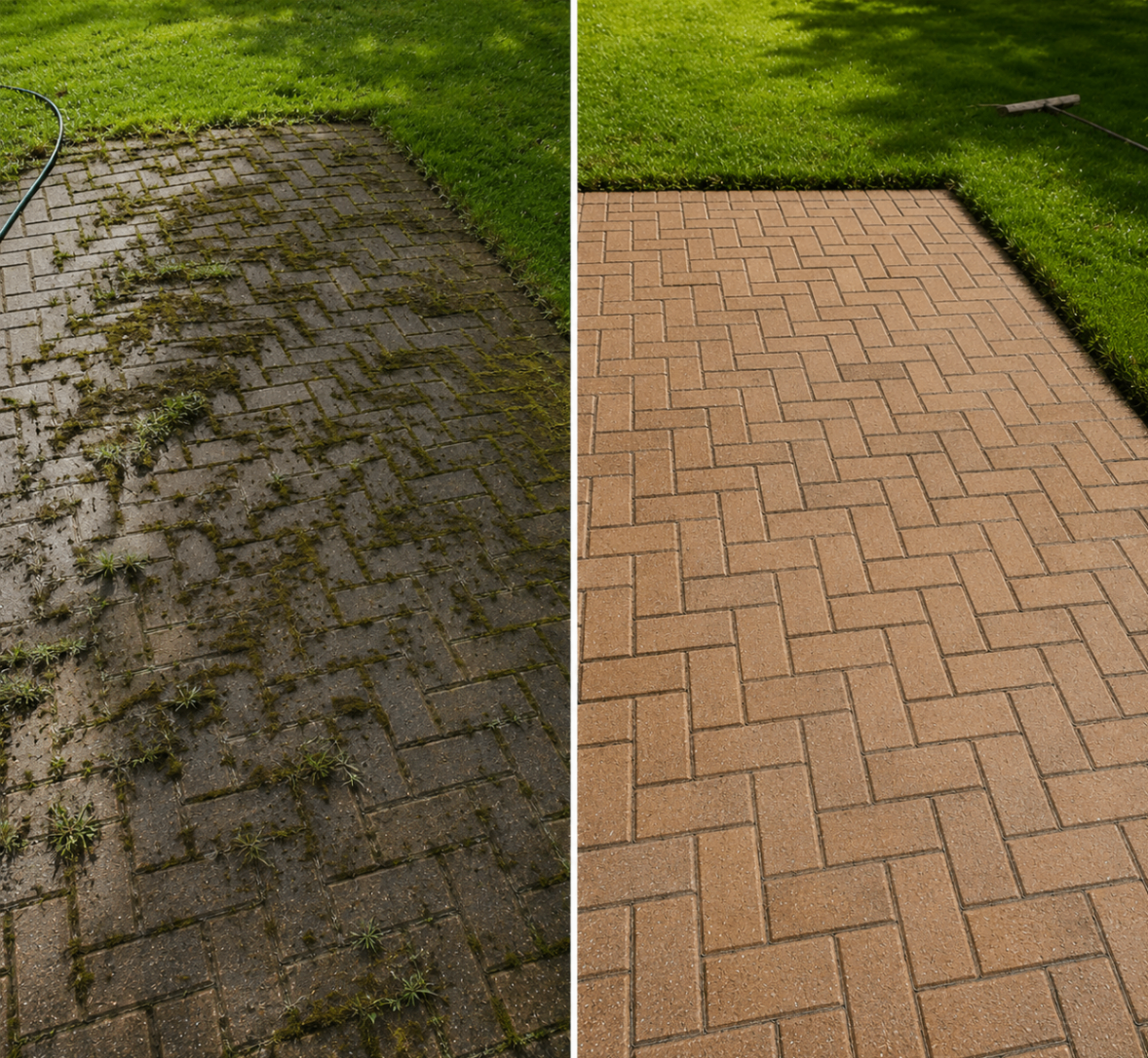 Herringbone paver walkway, before and after